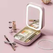Portable Folding Makeup Mirror with 3-Color LED Light – Travel Jewelry & Beauty Organizer