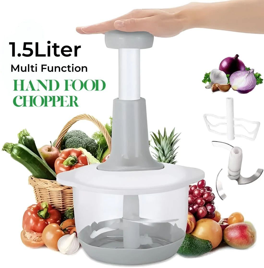 1.5L Manual Food Chopper – Hand Press Vegetable & Fruit Cutter with Stainless Steel Blades