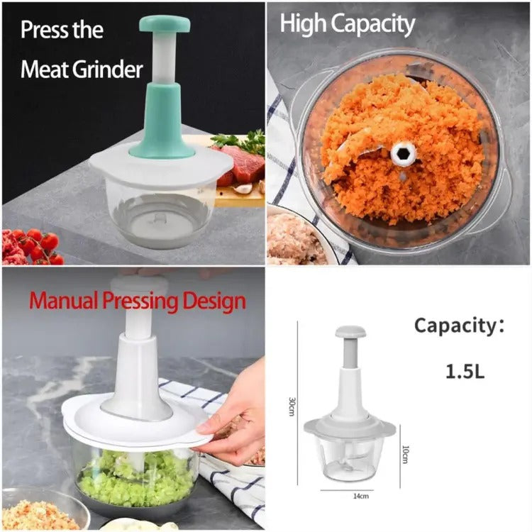 1.5L Manual Food Chopper – Hand Press Vegetable & Fruit Cutter with Stainless Steel Blades