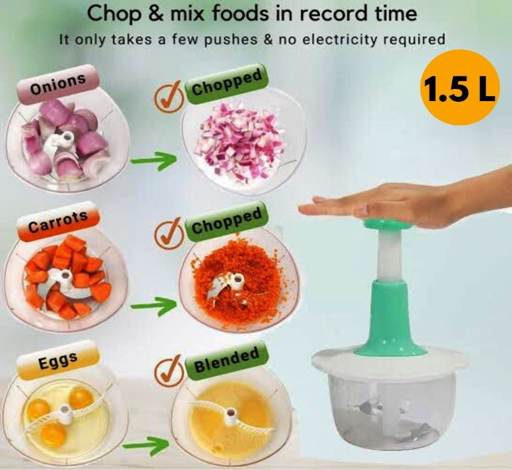 1.5L Manual Food Chopper – Hand Press Vegetable & Fruit Cutter with Stainless Steel Blades
