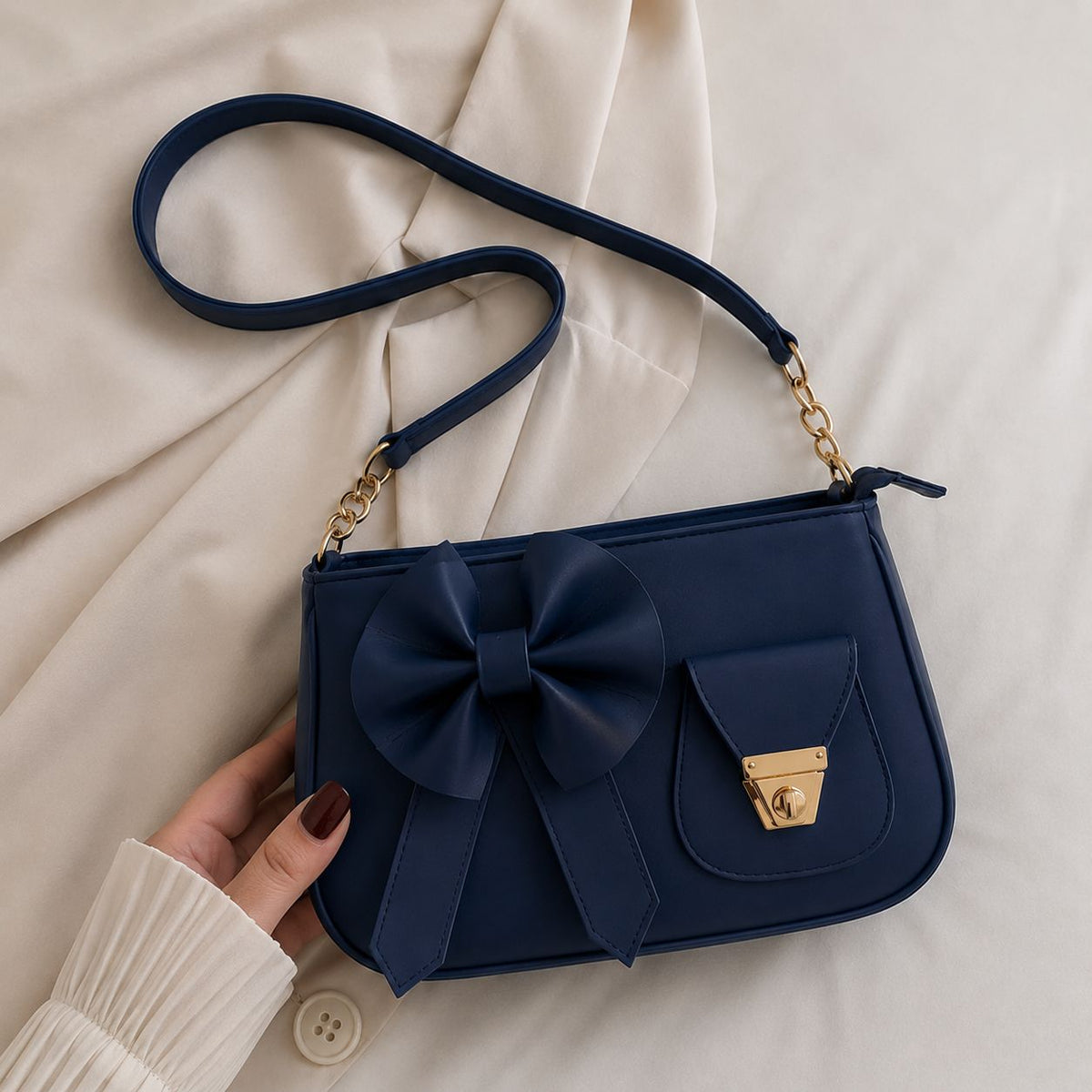 Bella Bow Shoulder Bag – Elegant Mini Handbag with Gold Details
