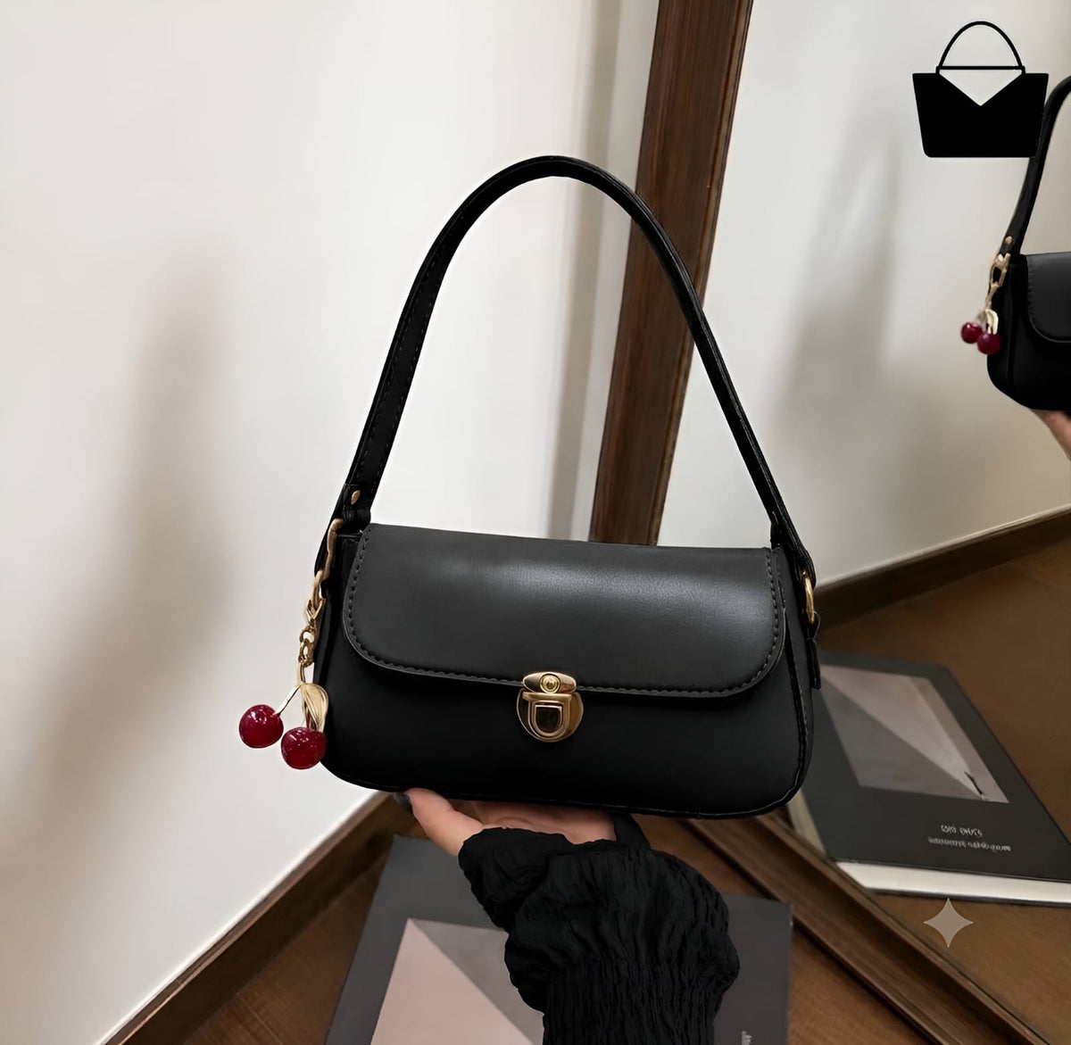 Elegant Ladies Handbag with Cherry Charm – Black Shoulder Bag