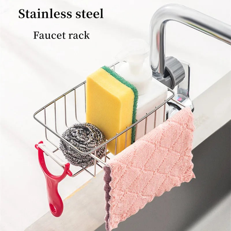 Stainless Steel Faucet Sponge Holder – Kitchen Sink Organizer Rack for Sponges & Scrubbers