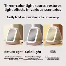 Portable Folding Makeup Mirror with 3-Color LED Light – Travel Jewelry & Beauty Organizer