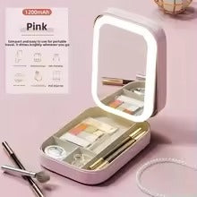 Portable Folding Makeup Mirror with 3-Color LED Light – Travel Jewelry & Beauty Organizer