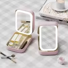 Portable Folding Makeup Mirror with 3-Color LED Light – Travel Jewelry & Beauty Organizer