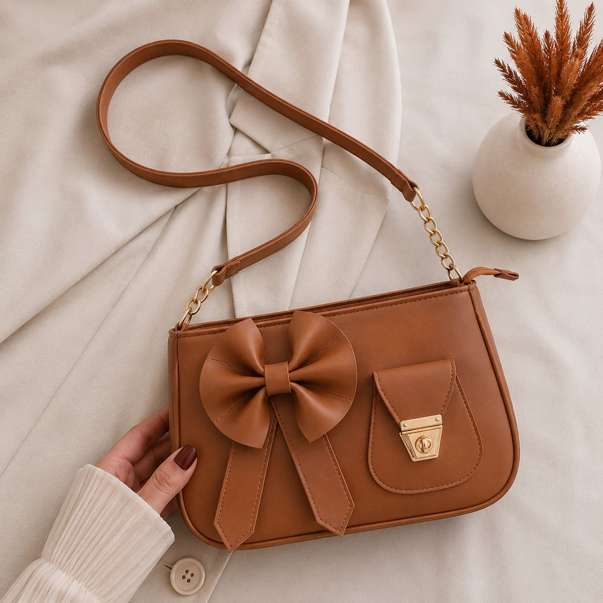 Bella Bow Shoulder Bag – Elegant Mini Handbag with Gold Details