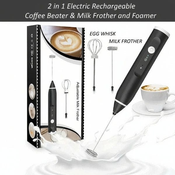 2-in-1 Electric Milk Frother & Egg Whisk – USB Rechargeable Coffee Beater for Kitchen