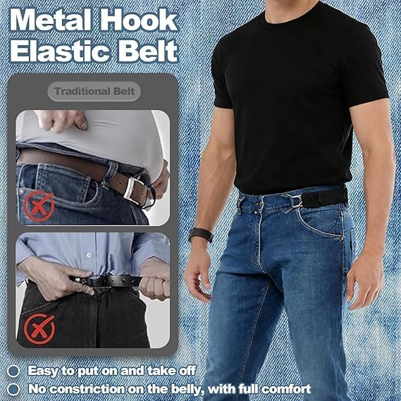 Buckleless Elastic Waist Belt – Adjustable Stretch Belt with Metal Hooks for Jeans & Pants