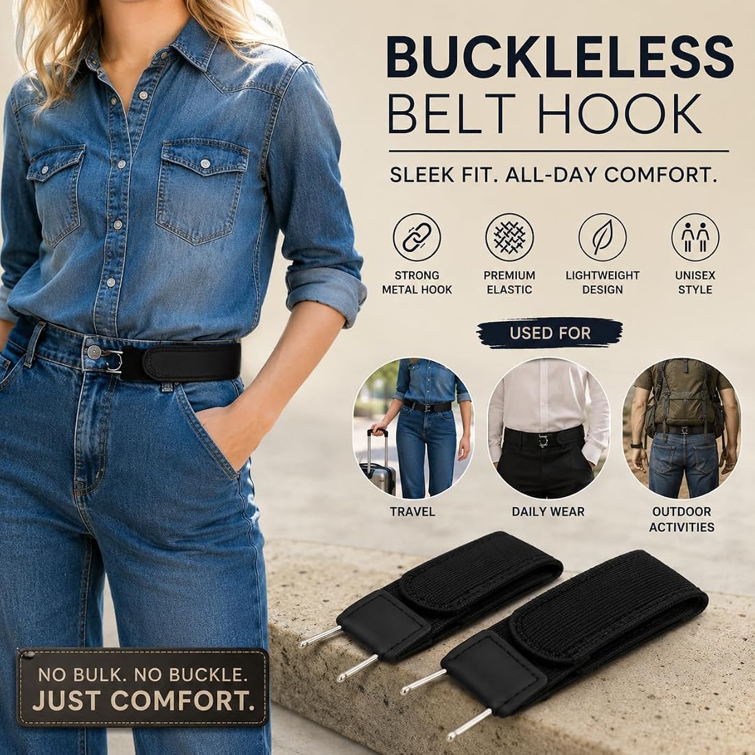 Buckleless Elastic Waist Belt – Adjustable Stretch Belt with Metal Hooks for Jeans & Pants