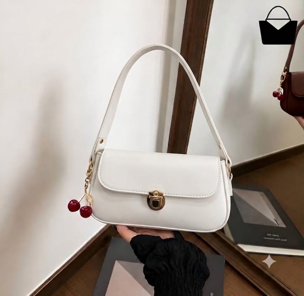 Elegant Ladies Handbag with Cherry Charm – Black Shoulder Bag