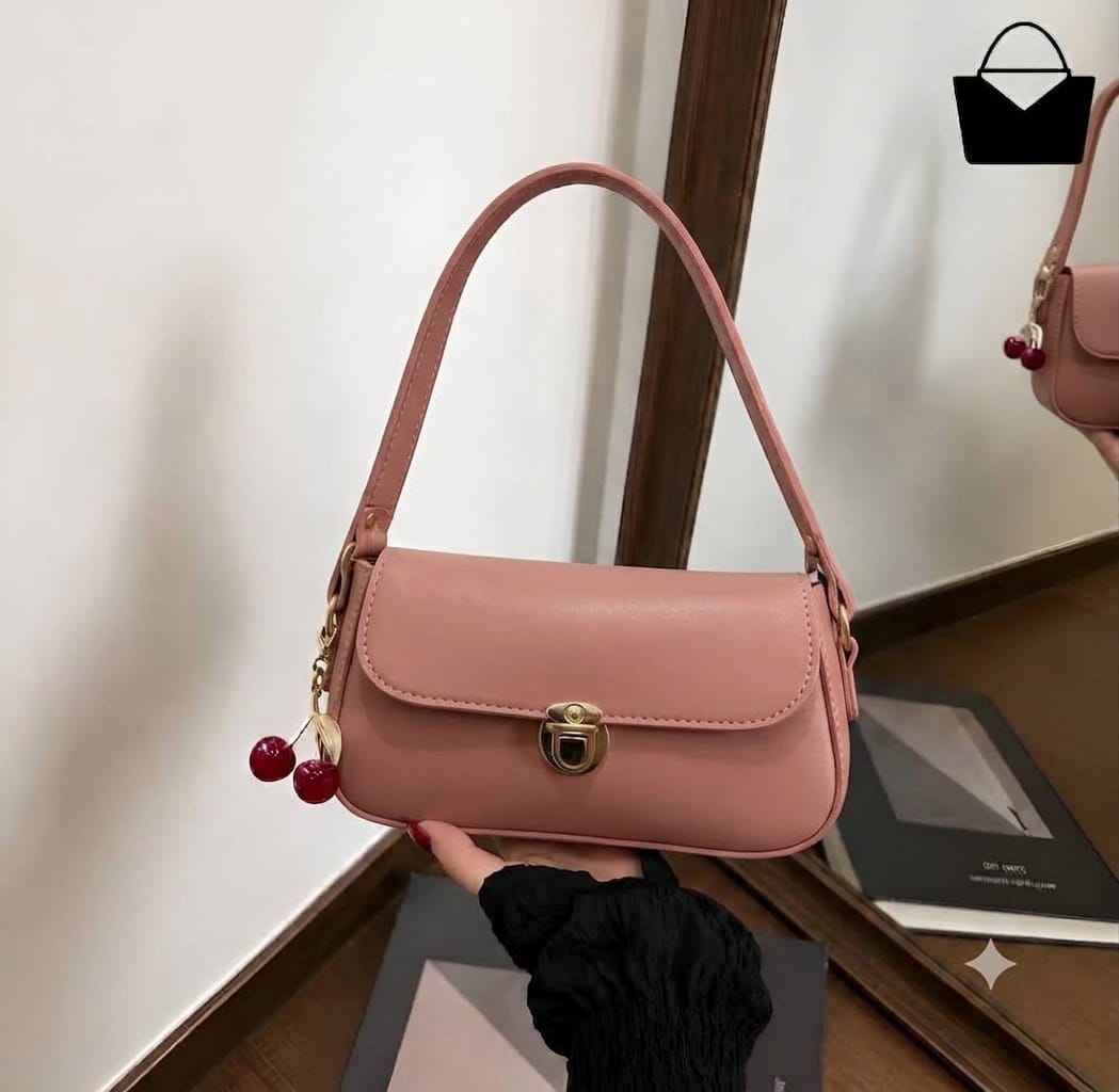 Elegant Ladies Handbag with Cherry Charm – Black Shoulder Bag