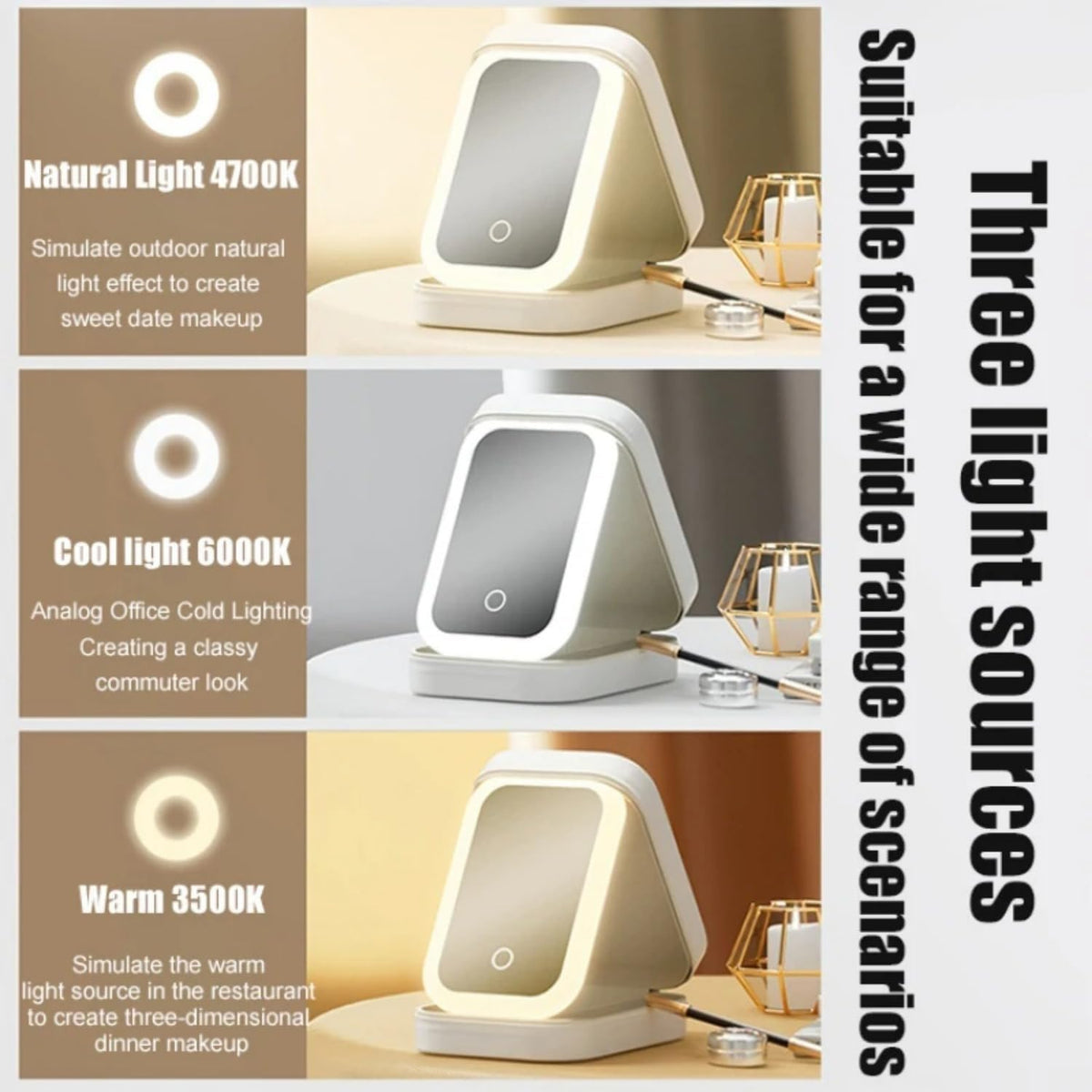 Portable Folding Makeup Mirror with 3-Color LED Light – Travel Jewelry & Beauty Organizer